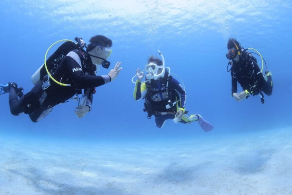 水中でハンドサインを使い体調の確認をする3人組